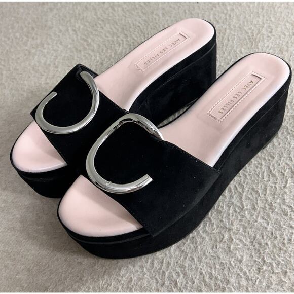 Aves Les Filles Addison Black Platform Sandals Women's Size 6.5 M Ring Accent - Picture 4 of 11